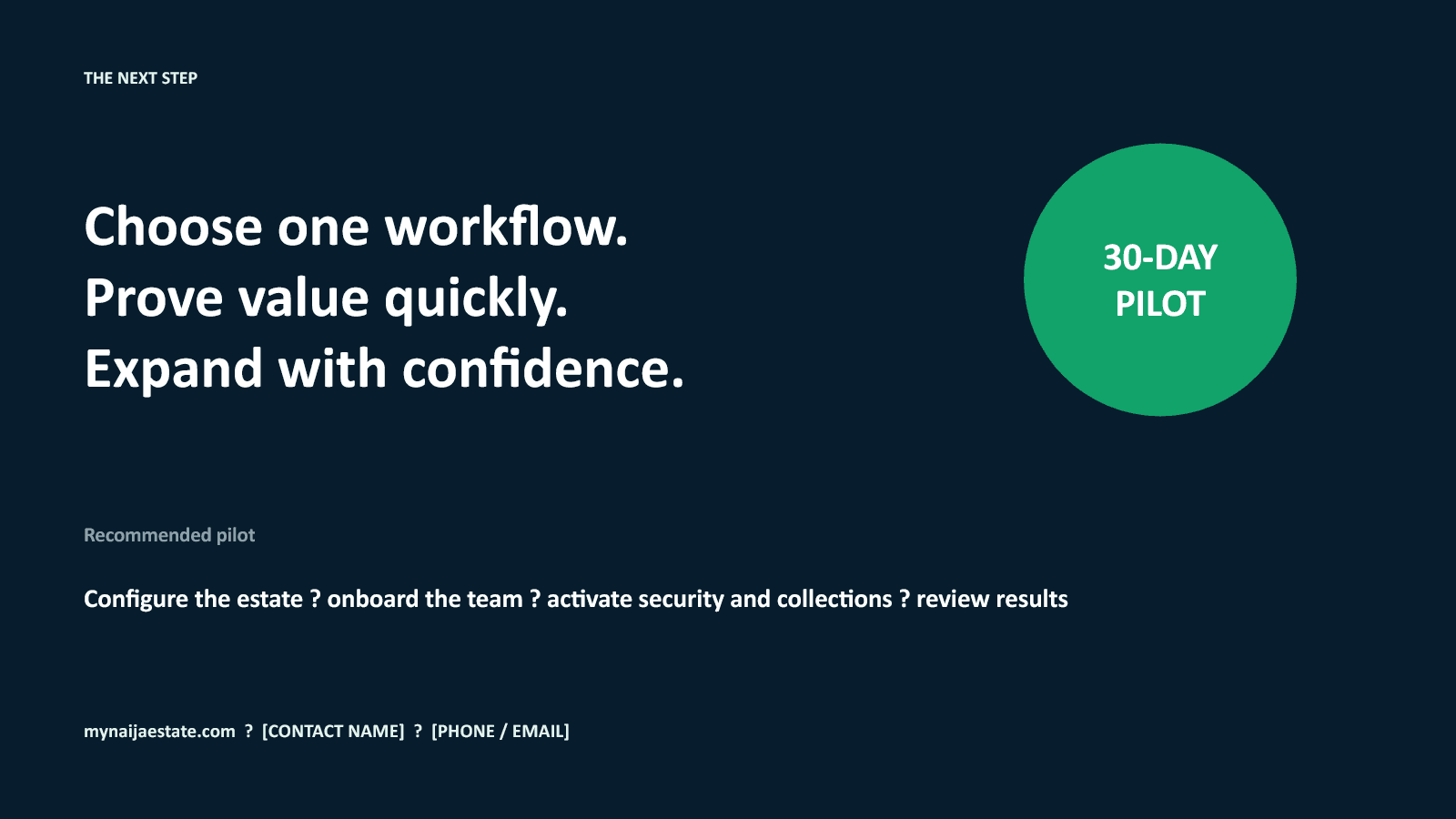 MyNaijaEstate presentation slide 10: Choose one workflow and prove value quickly